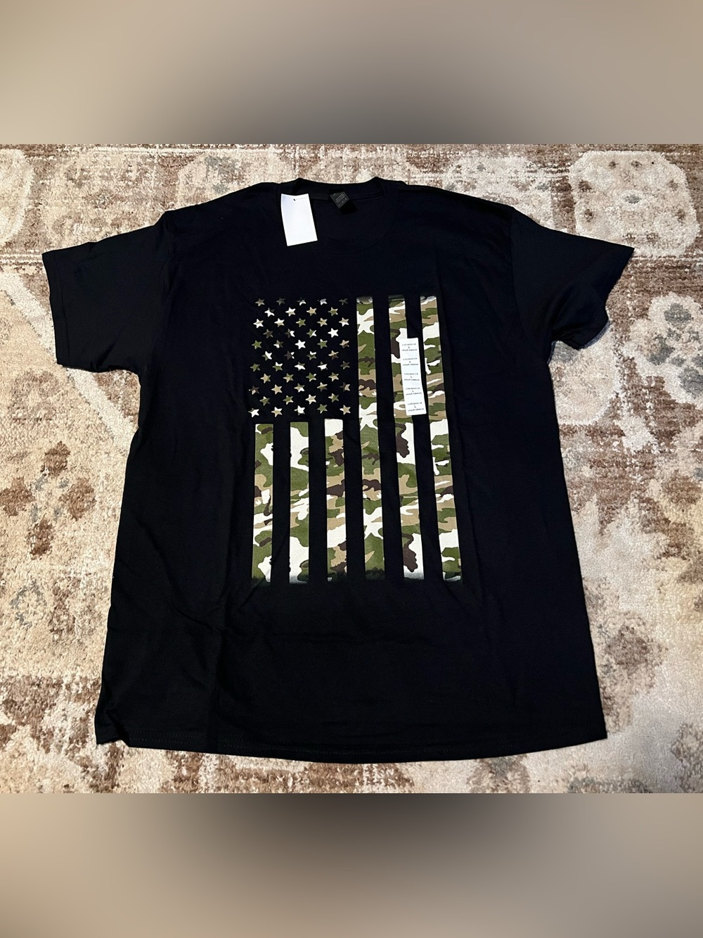 Gildan Black Tee with Camo American Flag Graphic